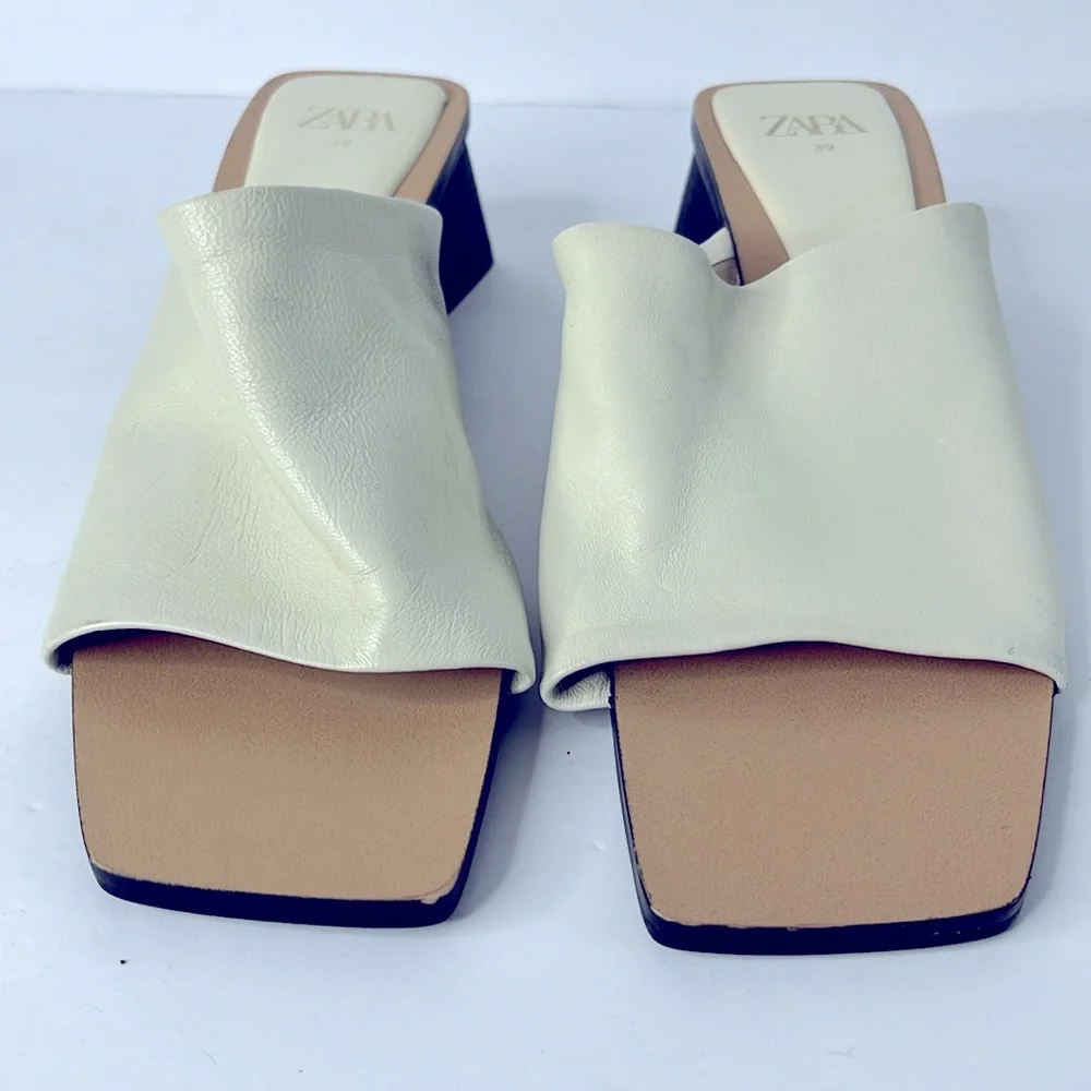 ZARA EGGSHELL WHITE Leather Mules Sz 39 - Picture 3 of 9